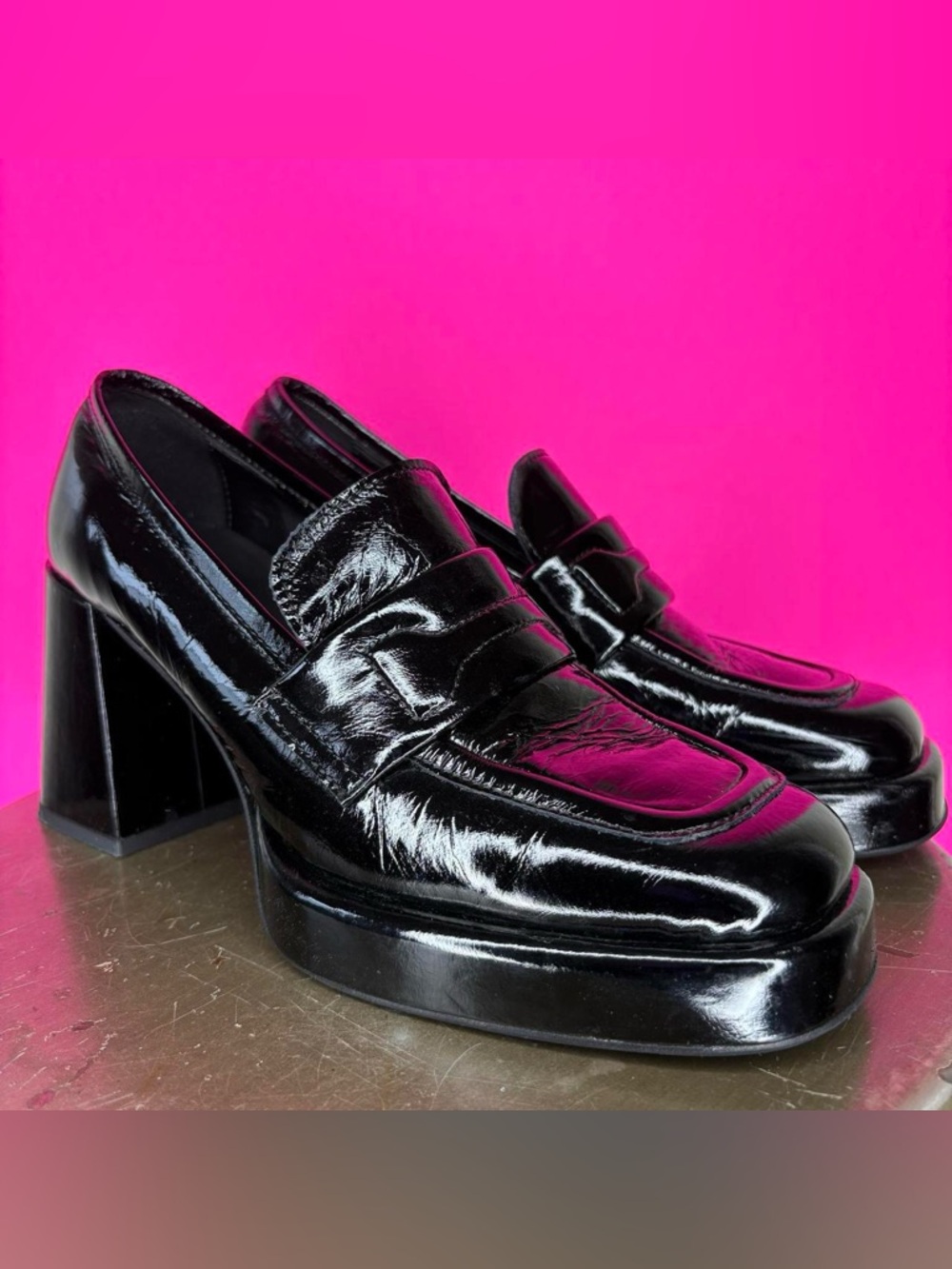 275 Central Lucille Black Patent Leather Loafer Pump EU 38